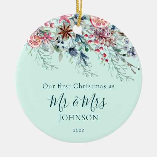 Eerste kerstfoto Pas getrouwd Mint-Kerstmis Keramisch Ornament (Voorkant)