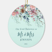 Eerste kerstfoto Pas getrouwd Mint-Kerstmis Keramisch Ornament (Links)