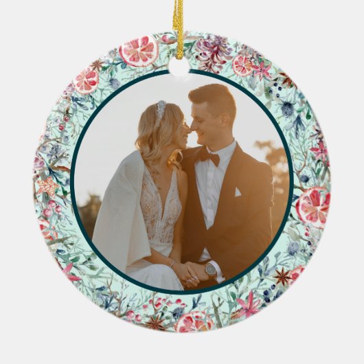 Eerste kerstfoto Pas getrouwd Mint-Kerstmis Keramisch Ornament (Achterkant)