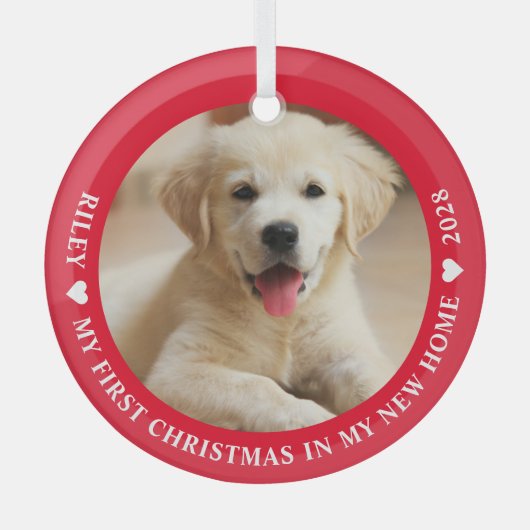 Eerste kerstfoto Puppy Dog Glas Ornament (Voorkant)
