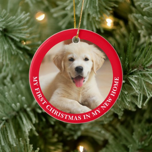 Eerste kerstfoto Puppy Dog op maat Keramisch Ornament (Boom)