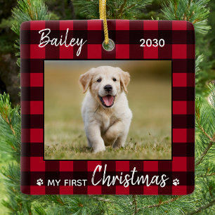 Eerste kerstfoto Puppy Red Pset Dog foto Keramisch Ornament