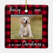 Eerste kerstfoto Puppy Red Pset Dog foto Keramisch Ornament (Achterkant)