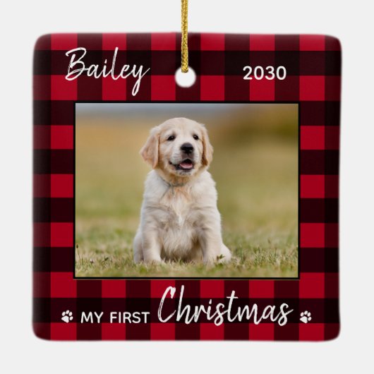 Eerste kerstfoto Puppy Red Pset Dog foto Keramisch Ornament (Achterkant)