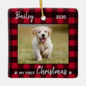 Eerste kerstfoto Puppy Red Pset Dog foto Keramisch Ornament (Voorkant)