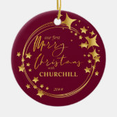 Eerste kerstfoto Red en Gold Star Keramisch Ornament (Voorkant)