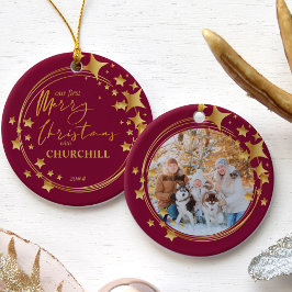 Eerste kerstfoto Red en Gold Star Keramisch Ornament