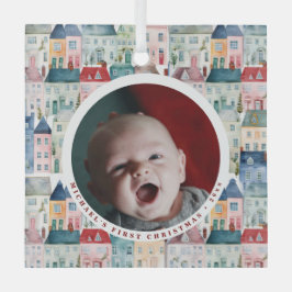 Eerste kerstfoto rode feestelijke huizen vakantie glas ornament
