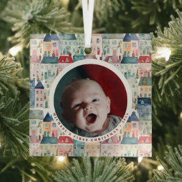 Eerste kerstfoto rode feestelijke huizen vakantie glas ornament