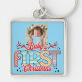 Eerste kerstfoto Rood/Blauw Personaliseer Sleutelhanger (Voorkant)