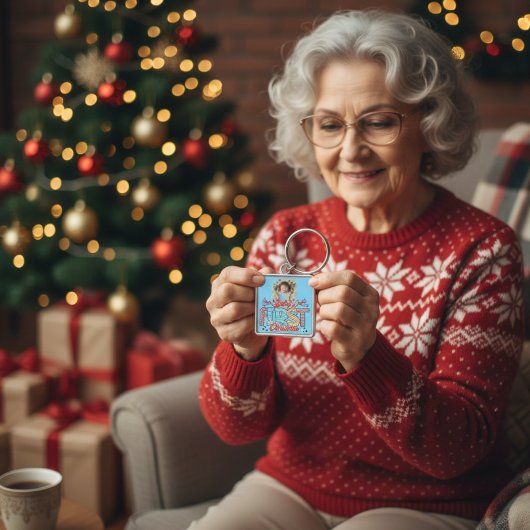 Eerste kerstfoto Rood/Blauw Personaliseer Sleutelhanger