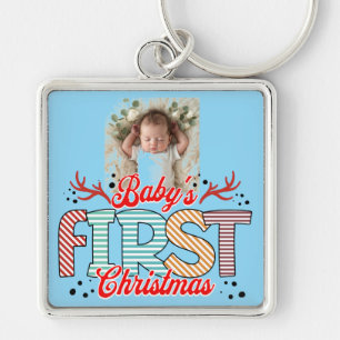 Eerste Kerstfoto Rood/Blauw Personaliseren Sleutelhanger