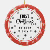 Eerste kerstfoto Rood en witte sneeuwvlokken Foto Keramisch Ornament (Achterkant)