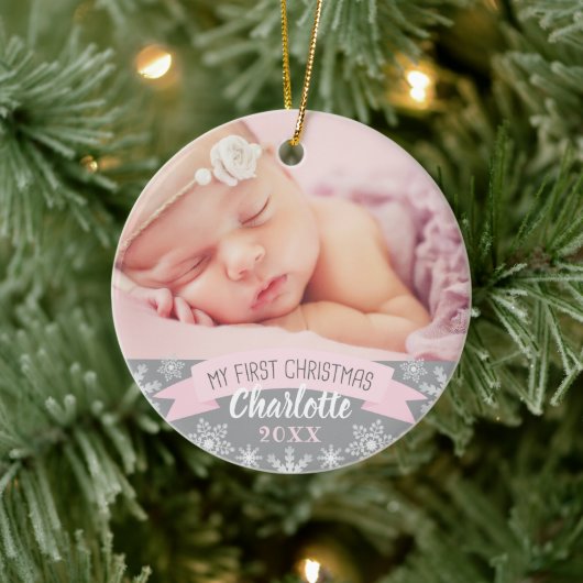 Eerste kerstfoto Roze babymeisje Foto Keramisch Ornament (Boom)