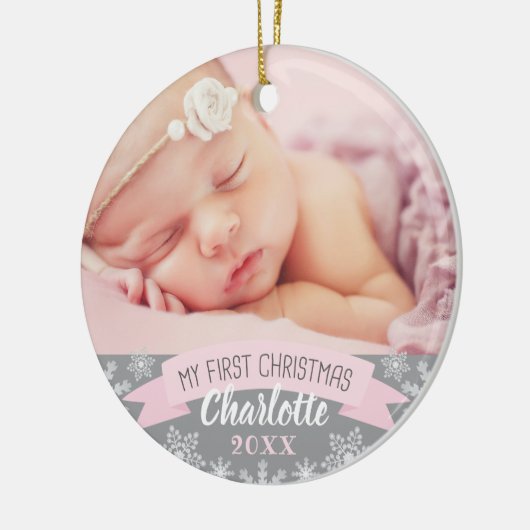 Eerste kerstfoto Roze babymeisje Foto Keramisch Ornament (Links)