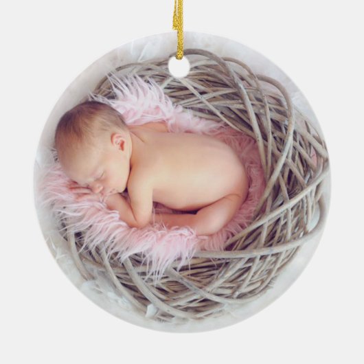 Eerste kerstfoto Roze babymeisje Foto Keramisch Ornament (Achterkant)