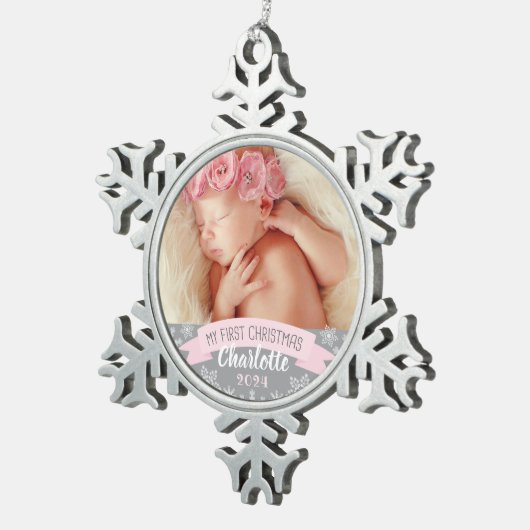 Eerste kerstfoto Roze babymeisje Foto Tin Sneeuwvlok Ornament (Rechts)