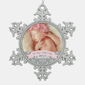 Eerste kerstfoto Roze babymeisje Foto Tin Sneeuwvlok Ornament (Voorkant)