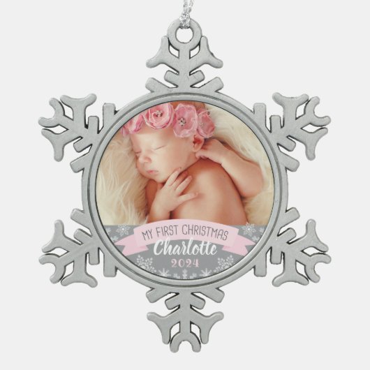 Eerste kerstfoto Roze babymeisje Foto Tin Sneeuwvlok Ornament (Voorkant)