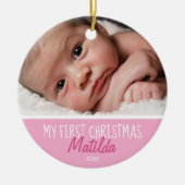 Eerste kerstfoto Roze Keramisch Ornament (Voorkant)