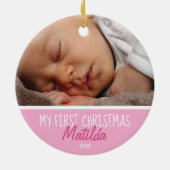 Eerste kerstfoto Roze Keramisch Ornament (Achterkant)