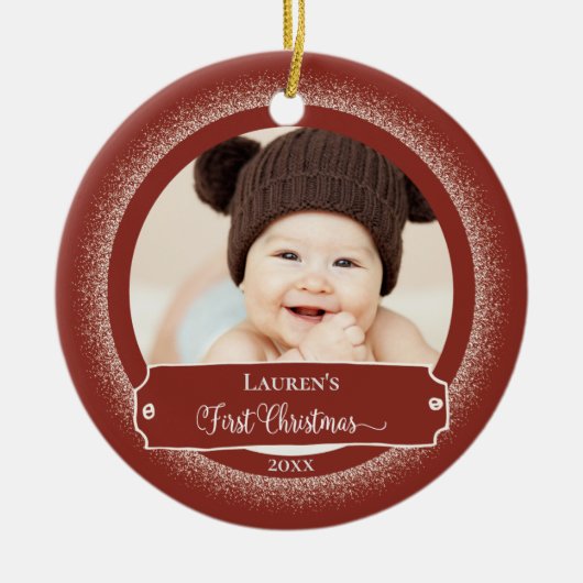 Eerste kerstfoto Rustic Red Cute Baby Foto Keramisch Ornament (Voorkant)