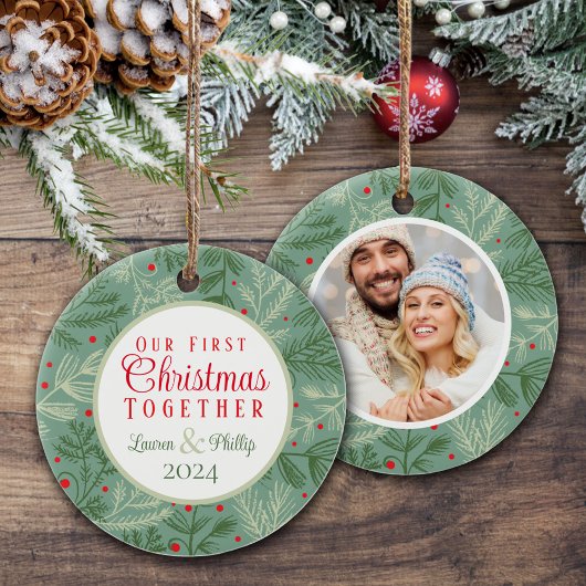 Eerste kerstfoto samen keramisch ornament