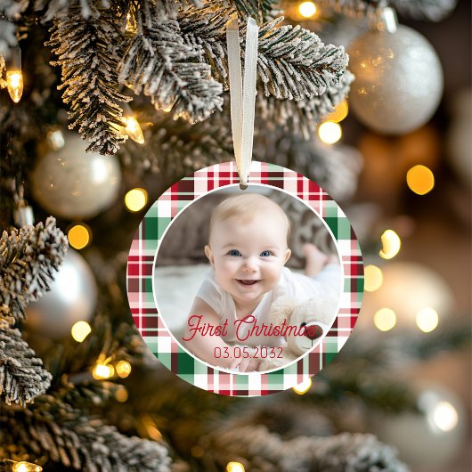 Eerste kerstfoto script klassiek patroon ornament
