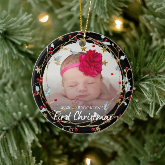 Eerste kerstfoto van baby keramisch ornament (Boom)