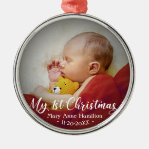 Eerste kerstfoto van baby metalen ornament