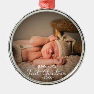 Eerste kerstfoto van baby metalen ornament
