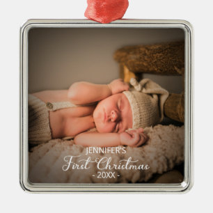 Eerste kerstfoto van baby metalen ornament
