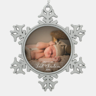 Eerste kerstfoto van baby tin sneeuwvlok ornament