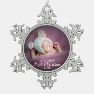 Eerste kerstfoto van baby tin sneeuwvlok ornament