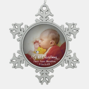 Eerste kerstfoto van baby tin sneeuwvlok ornament