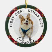 Eerste Kerstfoto van Christmas Plaid Pet Keramisch Ornament (Voorkant)