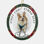 Eerste Kerstfoto van Christmas Plaid Pet Keramisch Ornament (Links)