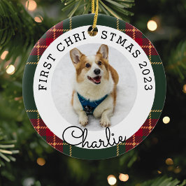 Eerste Kerstfoto van Christmas Plaid Pet Keramisch Ornament