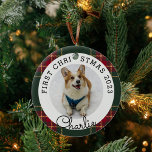 Eerste Kerstfoto van Christmas Plaid Pet Metalen Ornament<br><div class="desc">Het eerste ornament van de Kerstmisfoto van het naar maat ontworpen huisdier met de foto en de naam van het douanehuisdier op feestelijke Kerstmisplaid achtergrond.</div>