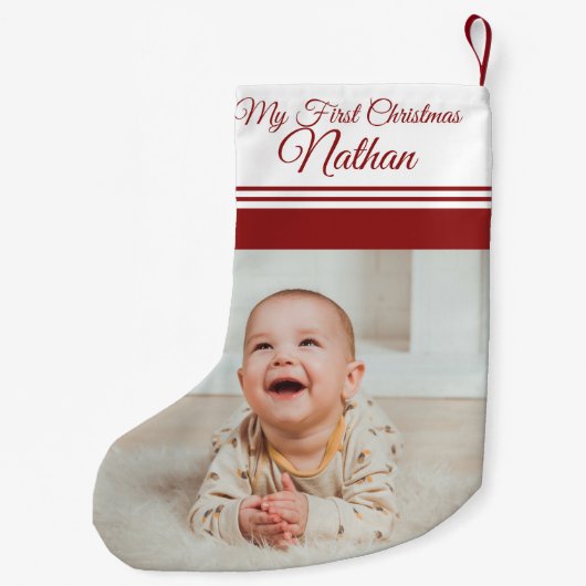 Eerste kerstfoto van Cute Baby Kleine Kerstsok (Achterkant)