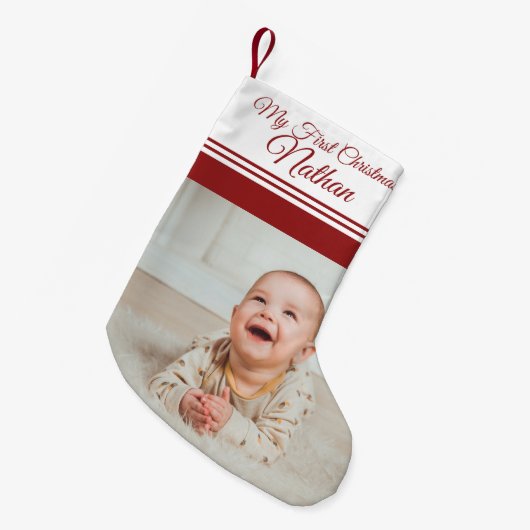 Eerste kerstfoto van Cute Baby Kleine Kerstsok (Voorkant (Hangend))