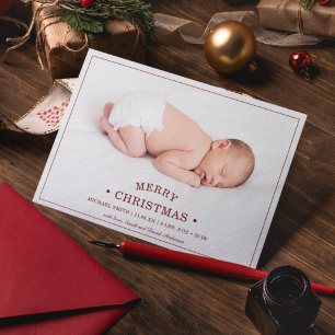 Eerste kerstfoto van de baby geboorteaankondiging feestdagenkaart