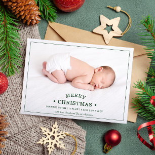 Eerste kerstfoto van de baby geboorteaankondiging feestdagenkaart