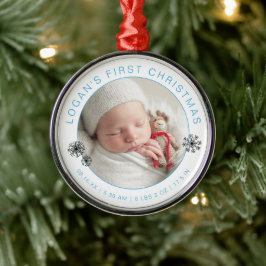 Eerste kerstfoto van de baby met geboortegegevens metalen ornament