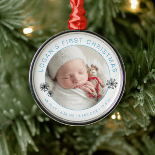 Eerste kerstfoto van de baby met geboortegegevens metalen ornament