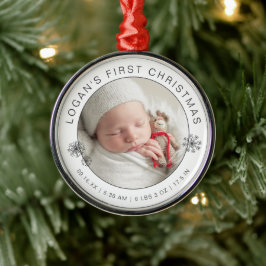 Eerste kerstfoto van de baby met geboortegegevens metalen ornament