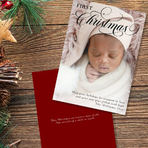 Eerste kerstfoto van de baby Vlakke kerstkaart
