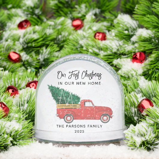 Eerste Kerstfoto van de familie Moderne Rode Vrach Sneeuwbol (Kerstmis)