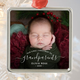 Eerste kerstfoto van de grootouders Wit schrift Metalen Ornament
