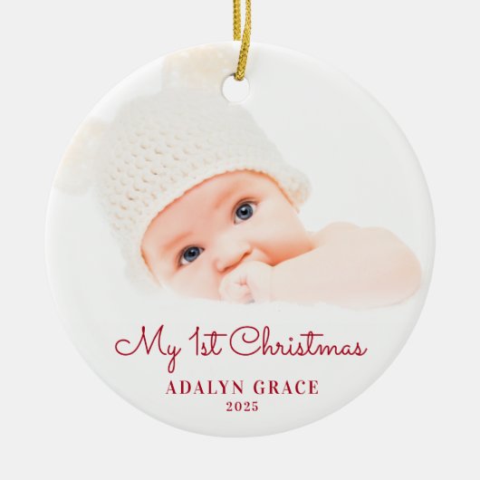 Eerste kerstfoto van Elegant Script Baby Keramisch Ornament (Voorkant)